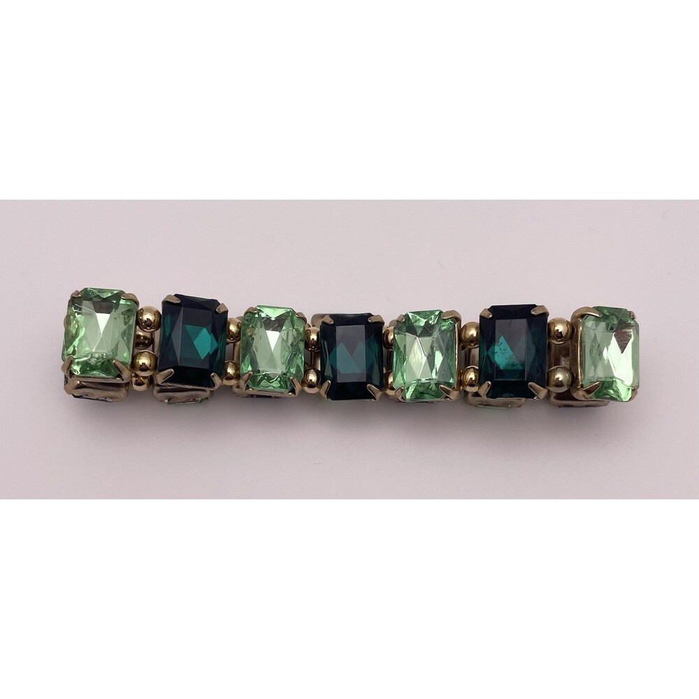 St. Patrick’s Day Green Emerald Cut Rhinestone Goldtone Stretchy Bracelet